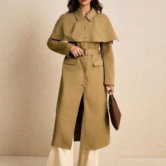 Khaki Women's Casual Longline Cape-Shoulder Storm Flap Overcoat - Picture 5 of 8